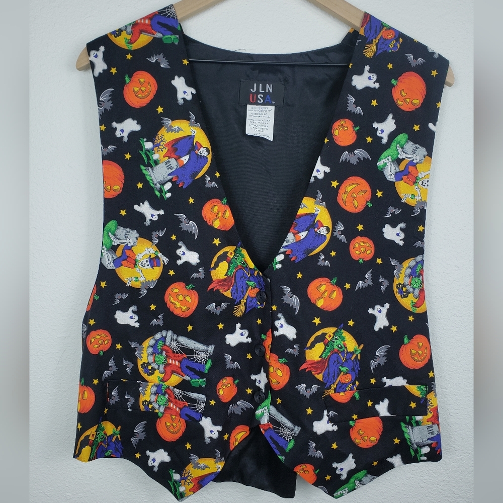 90s All Over Print Halloween Scene Vest with Witch, Frankenstein, Ghost, Dracula
